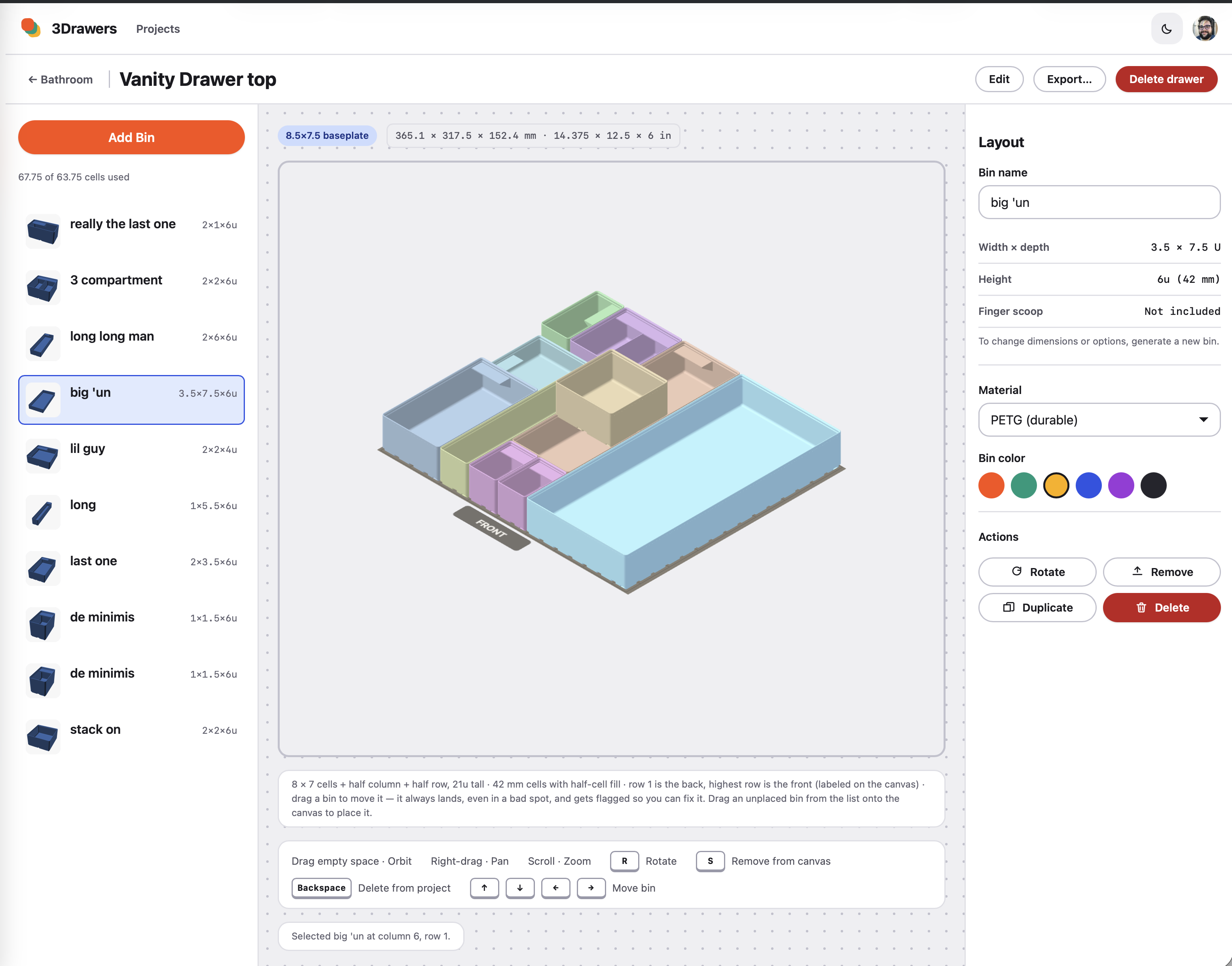 3Drawers Studio's drawer editor, showing a bathroom vanity drawer laid out with several Gridfinity bins